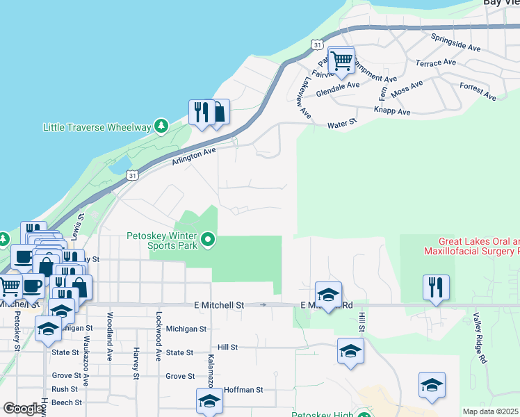 map of restaurants, bars, coffee shops, grocery stores, and more near 301 Lafayette Avenue in Petoskey