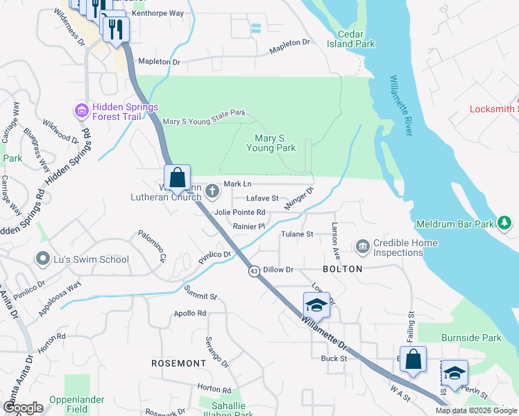 map of restaurants, bars, coffee shops, grocery stores, and more near 2715 Jolie Pointe Road in West Linn