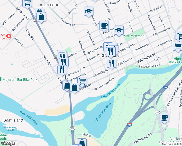 map of restaurants, bars, coffee shops, grocery stores, and more near 315 West Clarendon Street in Gladstone