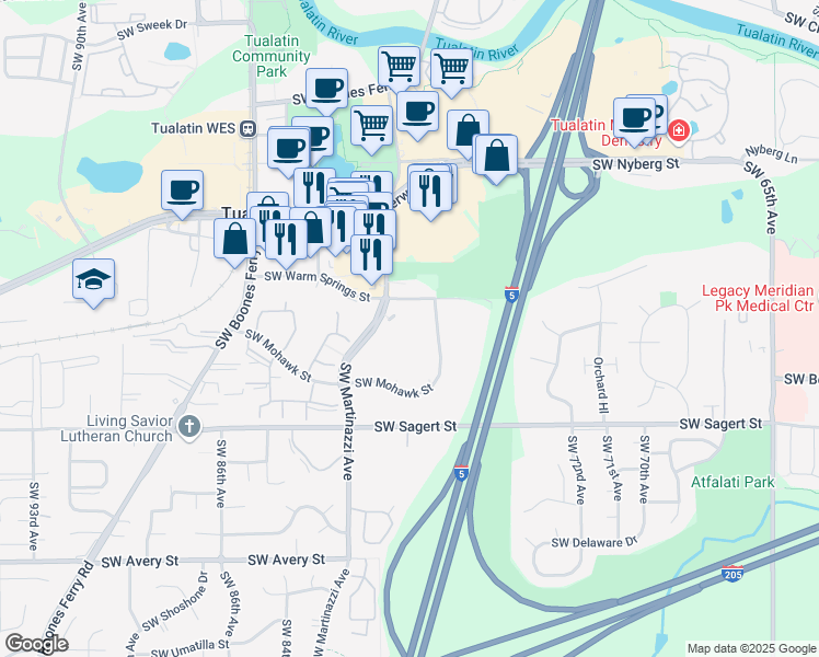 map of restaurants, bars, coffee shops, grocery stores, and more near 7571 Southwest Mohawk Street in Tualatin
