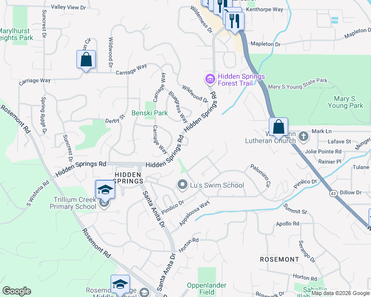map of restaurants, bars, coffee shops, grocery stores, and more near 19950 Roan Circle in West Linn