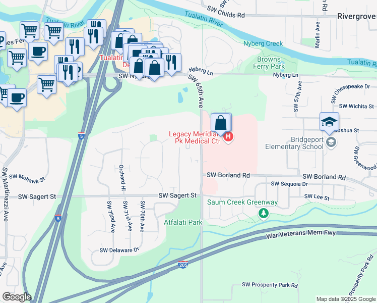 map of restaurants, bars, coffee shops, grocery stores, and more near 19735 Southwest 65th Avenue in Tualatin
