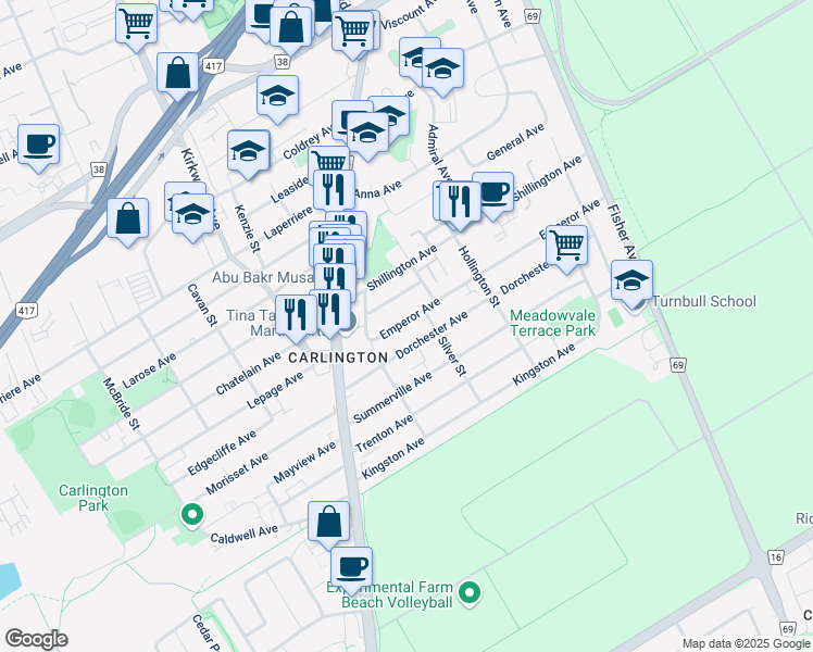 map of restaurants, bars, coffee shops, grocery stores, and more near 1292 Emperor Avenue in Ottawa