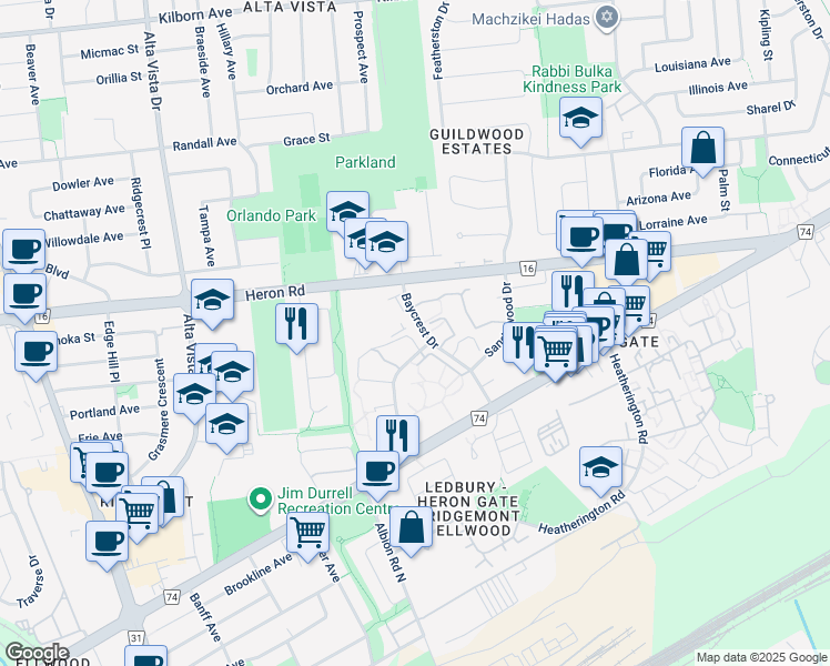 map of restaurants, bars, coffee shops, grocery stores, and more near 2840 Baycrest Drive in Ottawa