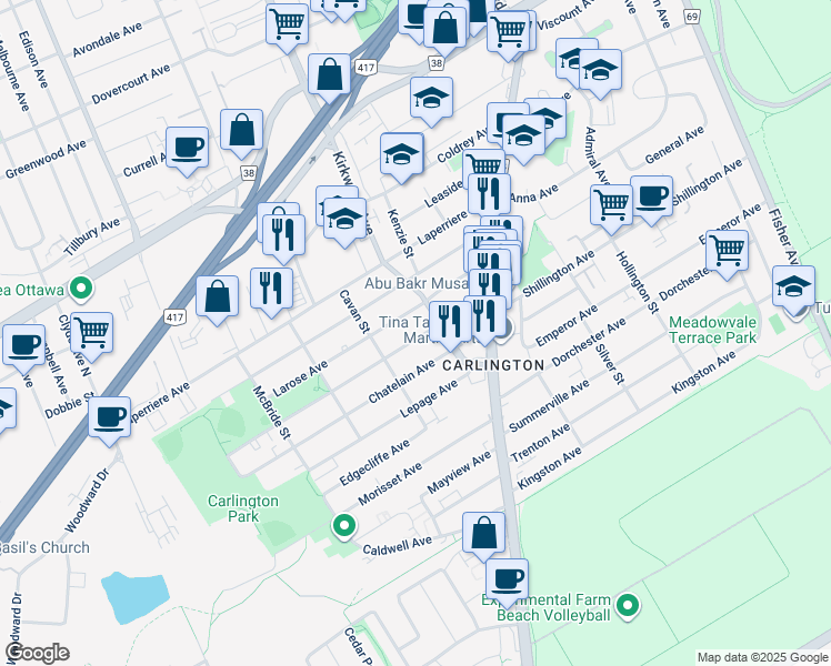 map of restaurants, bars, coffee shops, grocery stores, and more near 1393 Raven Avenue in Ottawa