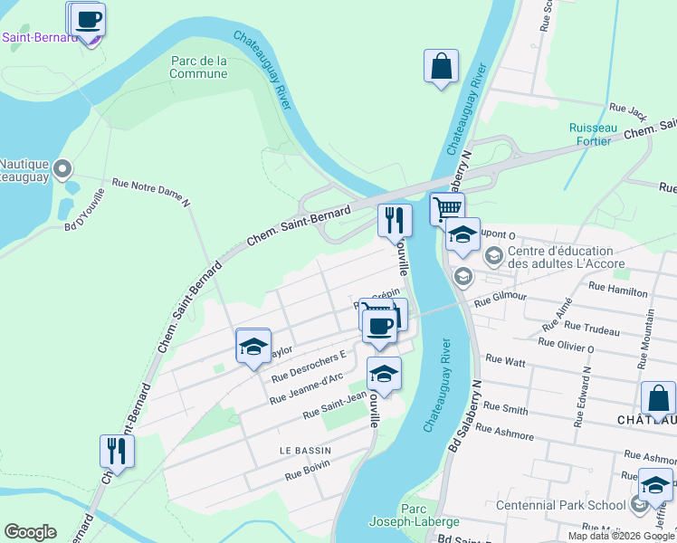 map of restaurants, bars, coffee shops, grocery stores, and more near 34 Rue Perron in Châteauguay