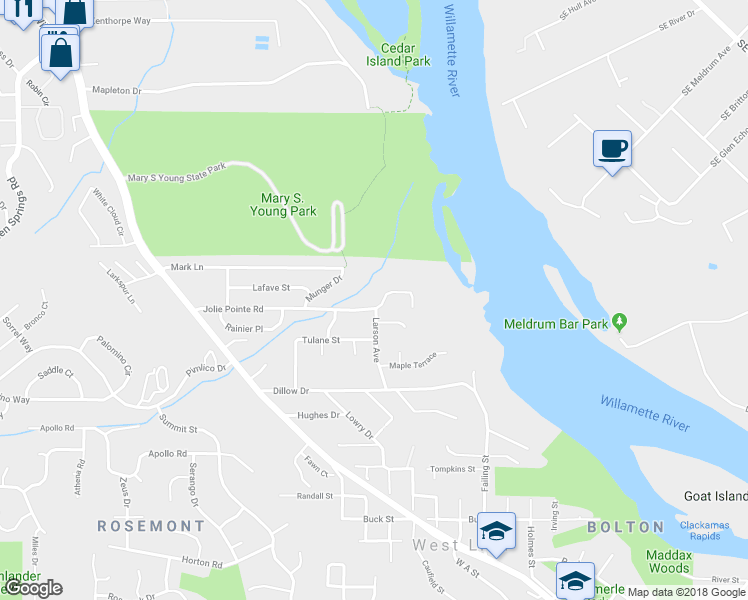 map of restaurants, bars, coffee shops, grocery stores, and more near 2311 Jolie Pointe Road in West Linn