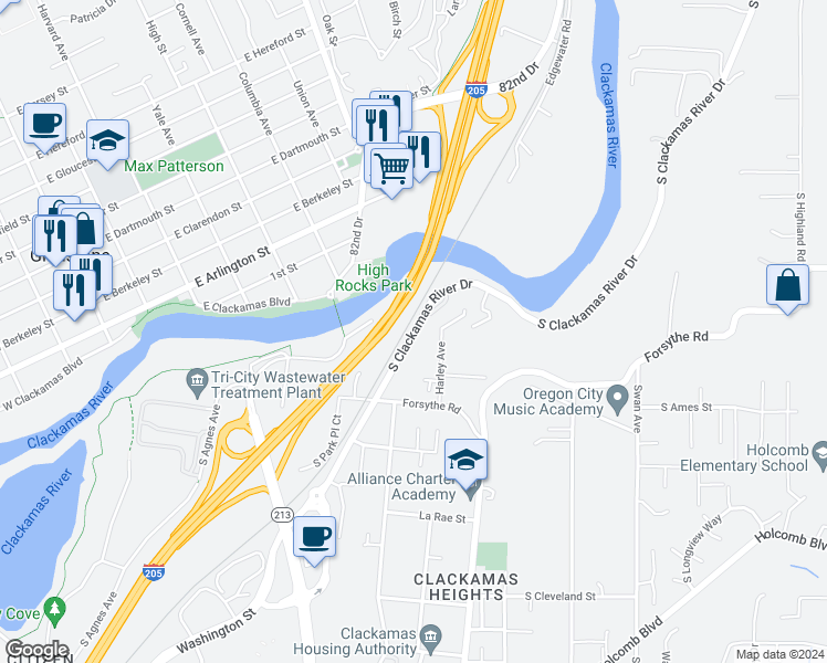 map of restaurants, bars, coffee shops, grocery stores, and more near 13251 South Clackamas River Drive in Oregon City