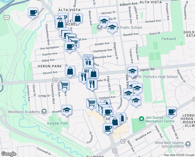 map of restaurants, bars, coffee shops, grocery stores, and more near 1221 Anoka Street in Ottawa