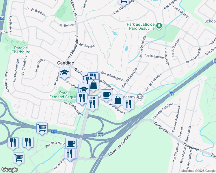 map of restaurants, bars, coffee shops, grocery stores, and more near 95 Avenue du Dauphiné in Candiac