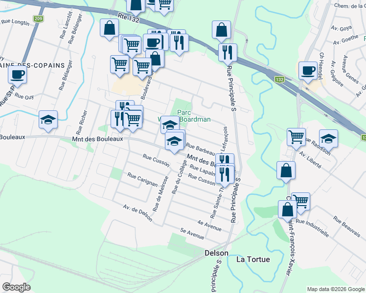 map of restaurants, bars, coffee shops, grocery stores, and more near 16 Rue Boardman in Delson
