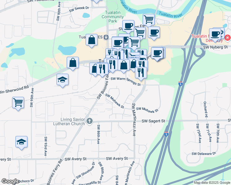 map of restaurants, bars, coffee shops, grocery stores, and more near 8325 Southwest Mohawk Street in Tualatin
