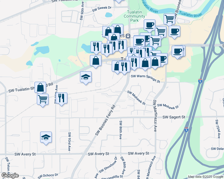 map of restaurants, bars, coffee shops, grocery stores, and more near 19705 Southwest Boones Ferry Road in Tualatin