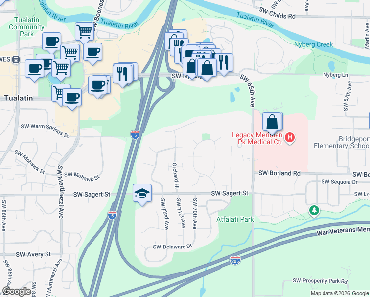 map of restaurants, bars, coffee shops, grocery stores, and more near 7143 Southwest Sagert Street in Tualatin