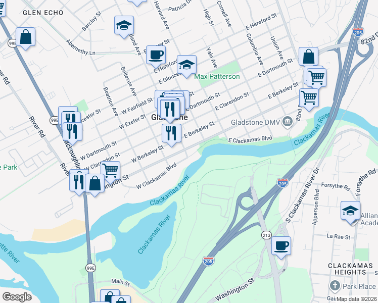 map of restaurants, bars, coffee shops, grocery stores, and more near 140 West Arlington Street in Gladstone