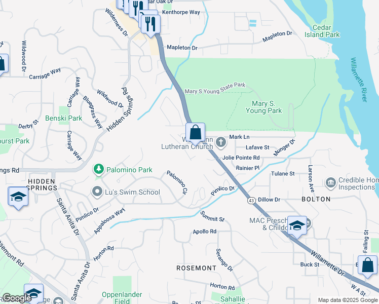 map of restaurants, bars, coffee shops, grocery stores, and more near 20120 Larkspur Lane in West Linn