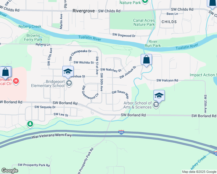 map of restaurants, bars, coffee shops, grocery stores, and more near 4885 Southwest Saum Way in Tualatin