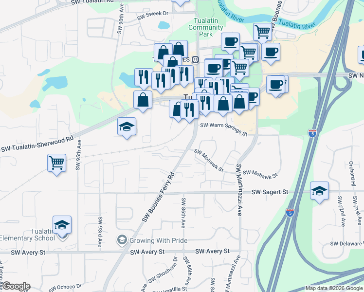 map of restaurants, bars, coffee shops, grocery stores, and more near 19705 Southwest Boones Ferry Road in Tualatin