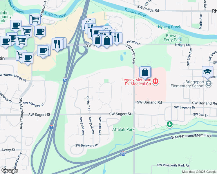 map of restaurants, bars, coffee shops, grocery stores, and more near 6885 Southwest Napa Court in Tualatin