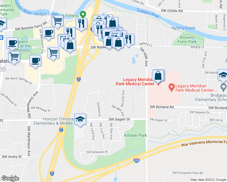 map of restaurants, bars, coffee shops, grocery stores, and more near 6885 Southwest Napa Court in Tualatin