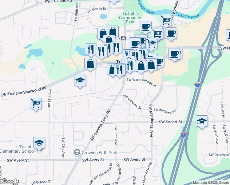 map of restaurants, bars, coffee shops, grocery stores, and more near 19705 Southwest Boones Ferry Road in Tualatin