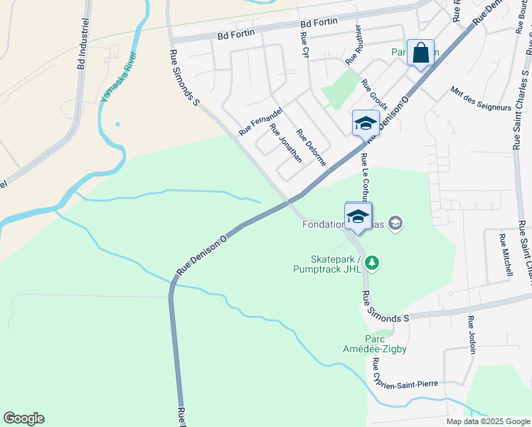 map of restaurants, bars, coffee shops, grocery stores, and more near Rue Denison Ouest in Granby