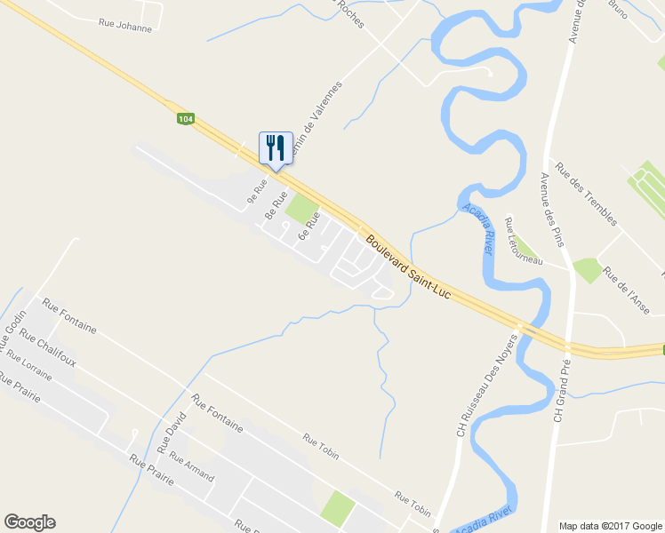 map of restaurants, bars, coffee shops, grocery stores, and more near 14 Rue du Costa Rica in Saint-Jean-sur-Richelieu