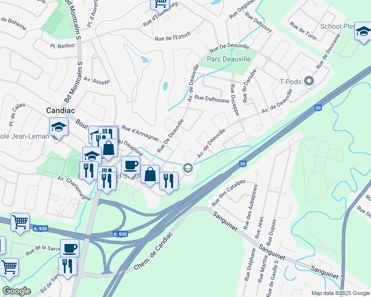 map of restaurants, bars, coffee shops, grocery stores, and more near 18 Rue Dumouchel in Candiac