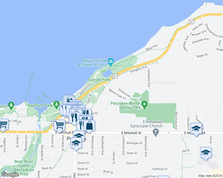 map of restaurants, bars, coffee shops, grocery stores, and more near 601 Winter Park Lane in Petoskey