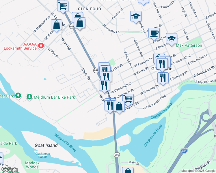 map of restaurants, bars, coffee shops, grocery stores, and more near 19790 Southeast McLoughlin Boulevard in Gladstone