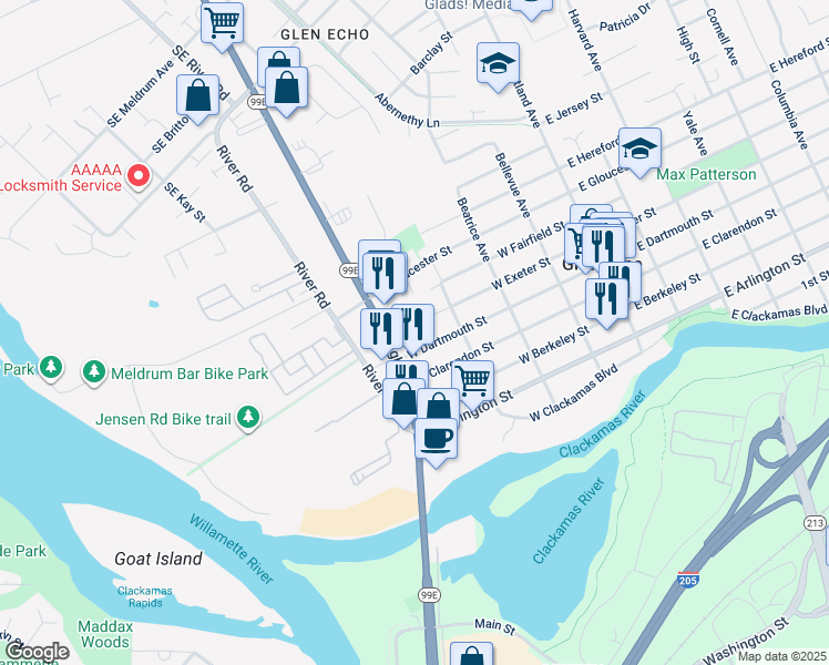 map of restaurants, bars, coffee shops, grocery stores, and more near 19790 Southeast McLoughlin Boulevard in Gladstone