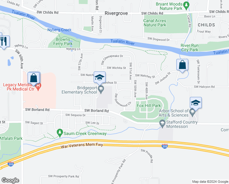 map of restaurants, bars, coffee shops, grocery stores, and more near 5095 Southwest Greenwood Circle in Tualatin