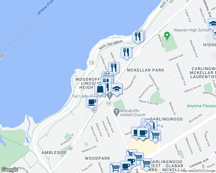 map of restaurants, bars, coffee shops, grocery stores, and more near 911 Richmond Road in Ottawa
