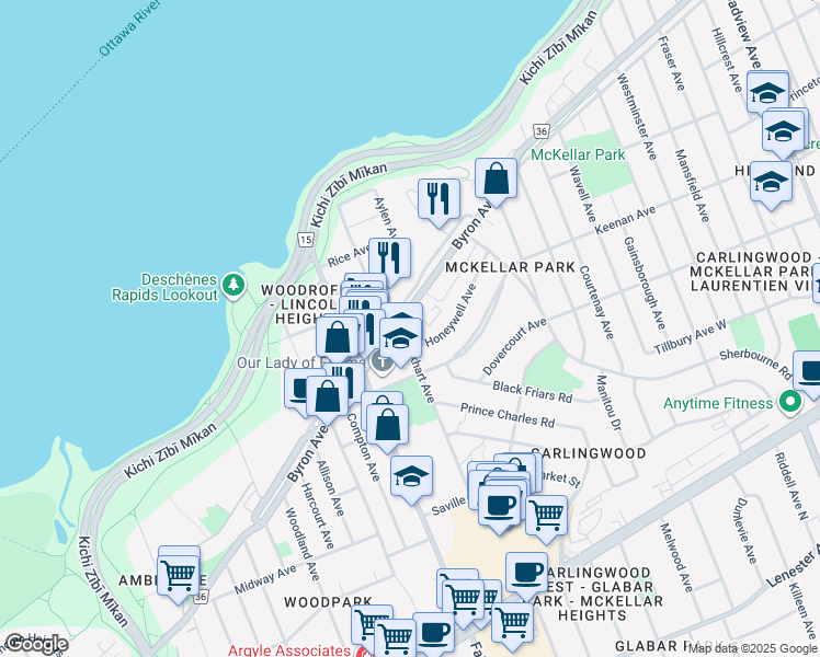 map of restaurants, bars, coffee shops, grocery stores, and more near 55 Lockhart Avenue in Ottawa