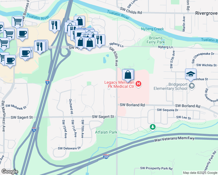 map of restaurants, bars, coffee shops, grocery stores, and more near 19655 Southwest 65th Avenue in Tualatin
