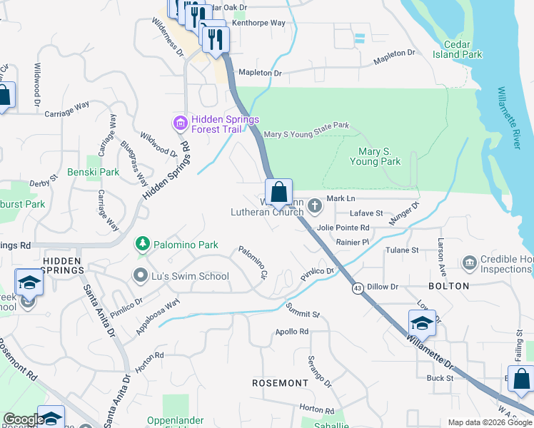 map of restaurants, bars, coffee shops, grocery stores, and more near 20110 Larkspur Lane in West Linn