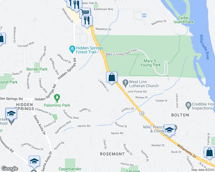 map of restaurants, bars, coffee shops, grocery stores, and more near 20120 Larkspur Lane in West Linn