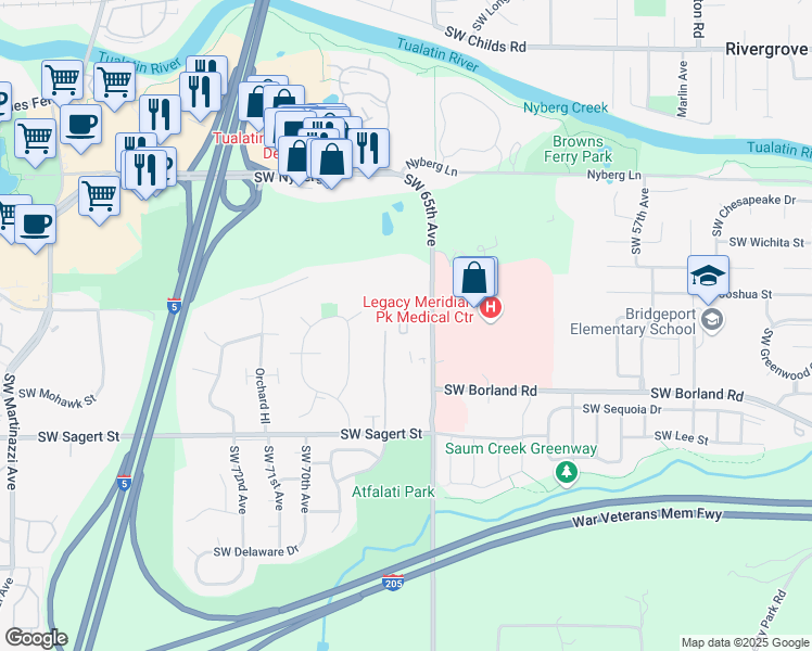 map of restaurants, bars, coffee shops, grocery stores, and more near 19735 Southwest 65th Avenue in Tualatin
