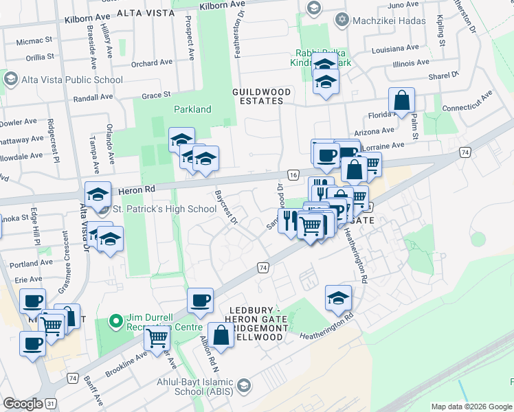 map of restaurants, bars, coffee shops, grocery stores, and more near 1545 Baycrest Drive in Ottawa