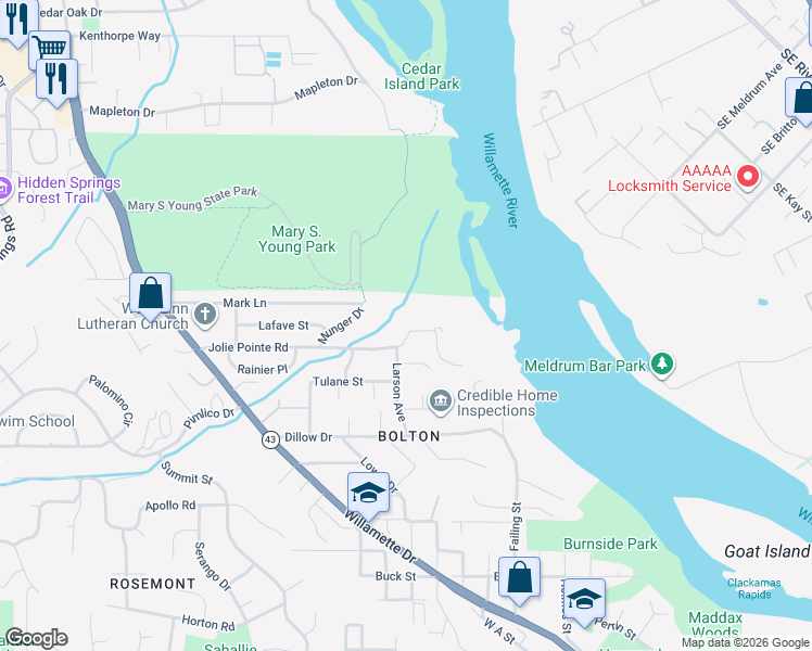 map of restaurants, bars, coffee shops, grocery stores, and more near 2311 Jolie Pointe Road in West Linn