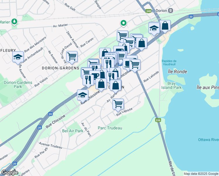 map of restaurants, bars, coffee shops, grocery stores, and more near 50 Avenue Ranger in Vaudreuil-Dorion