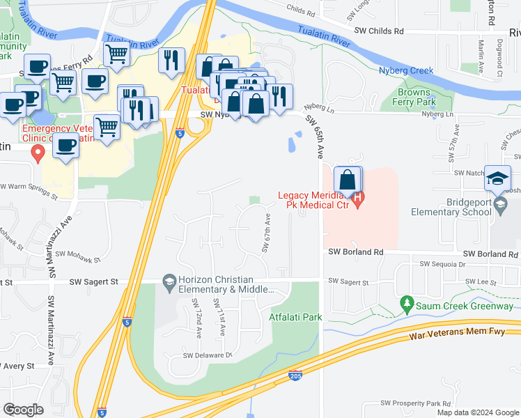 map of restaurants, bars, coffee shops, grocery stores, and more near 19529 Southwest 67th Avenue in Tualatin