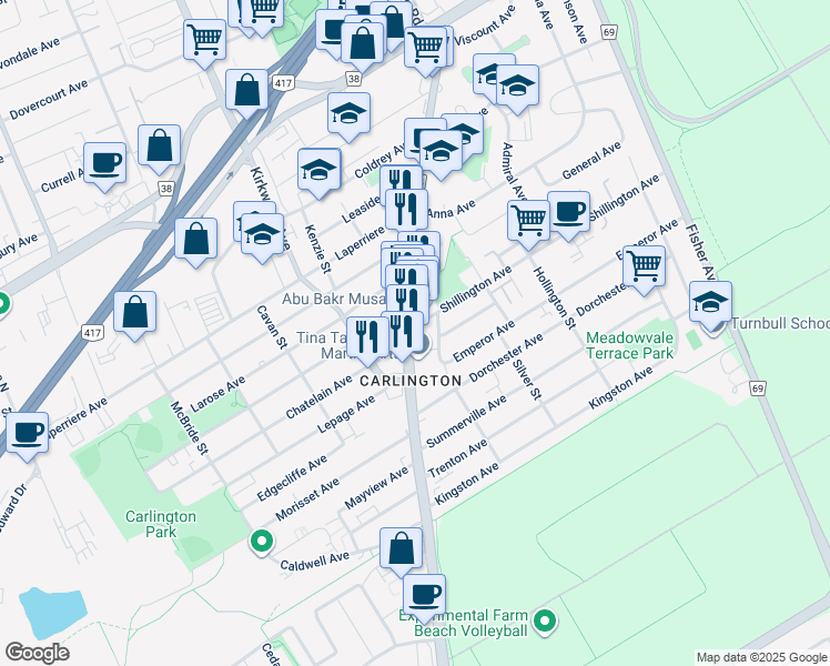 map of restaurants, bars, coffee shops, grocery stores, and more near in Ottawa