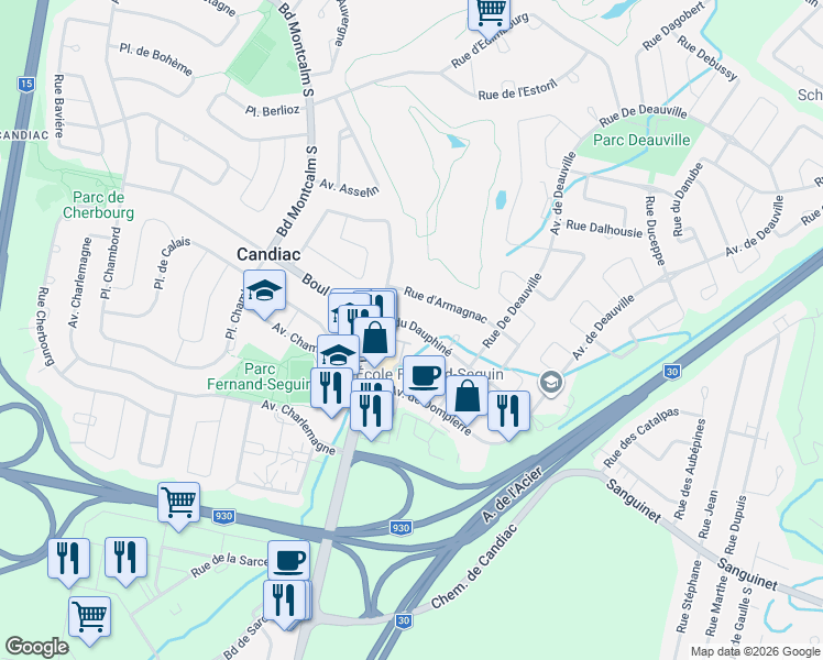 map of restaurants, bars, coffee shops, grocery stores, and more near 57 Avenue du Dauphiné in Candiac