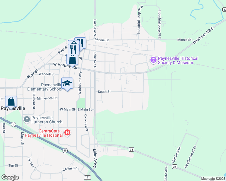 map of restaurants, bars, coffee shops, grocery stores, and more near 325 South Street in Paynesville