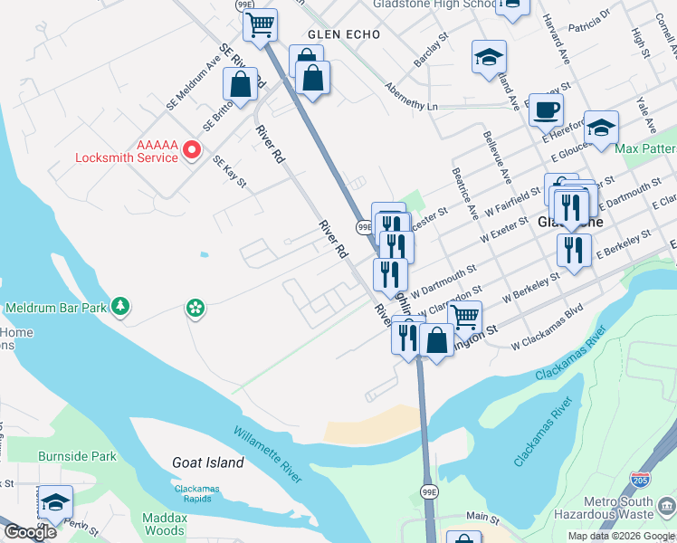 map of restaurants, bars, coffee shops, grocery stores, and more near 19605 River Road in Gladstone