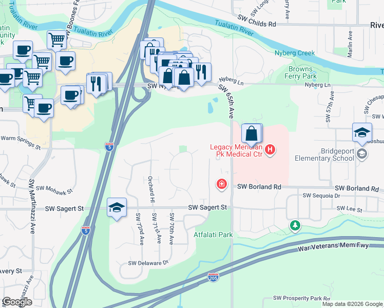 map of restaurants, bars, coffee shops, grocery stores, and more near 19567 Southwest 67th Avenue in Tualatin