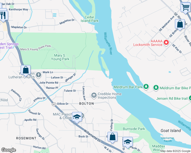 map of restaurants, bars, coffee shops, grocery stores, and more near 2125 Windham Oaks Court in West Linn
