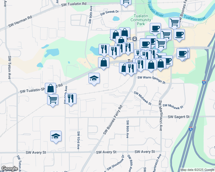 map of restaurants, bars, coffee shops, grocery stores, and more near 19493 Southwest 89th Avenue in Tualatin