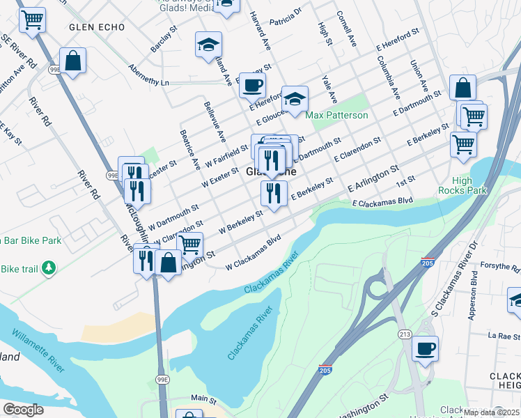 map of restaurants, bars, coffee shops, grocery stores, and more near 180 West Berkeley Street in Gladstone